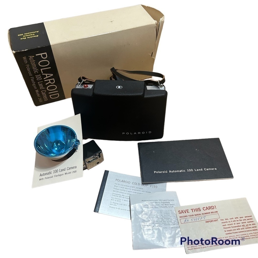 Vintage Polaroid Automatic 100 Land Camera Fold Out Antique W/ Box & Paperwork